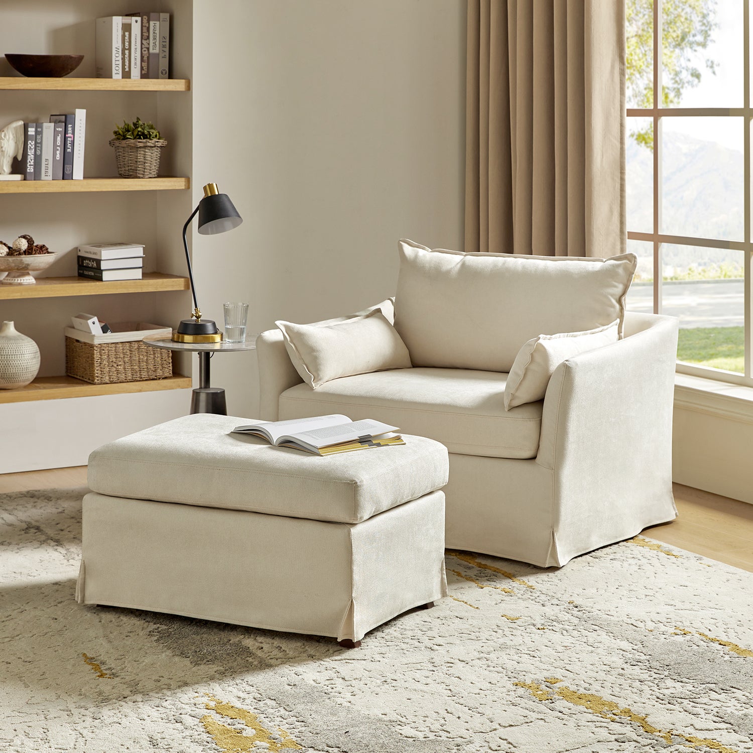 Farmhouse Oversized 1.5-Seater Accent Chair with Ottoman – Removable Linen Slipcover, Solid Wood Legs, Reversible Cushion, Lockable Wheels