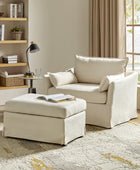 Farmhouse Oversized 1.5-Seater Accent Chair with Ottoman – Removable Linen Slipcover, Solid Wood Legs, Reversible Cushion, Lockable Wheels
