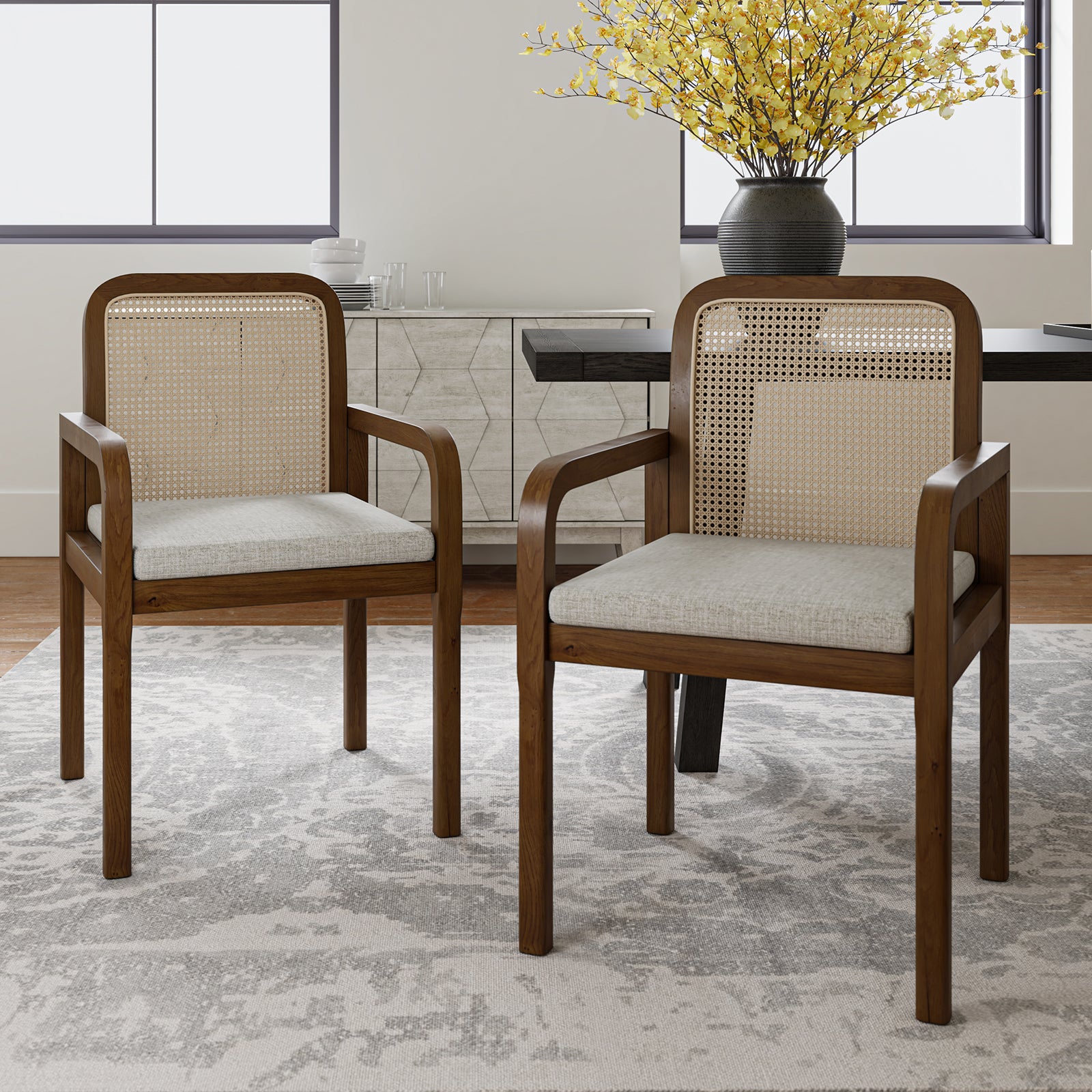 Rattan Black Dining Chairs  Wooden Armchairs Removable Cushion Home Kitchen Restaurant
