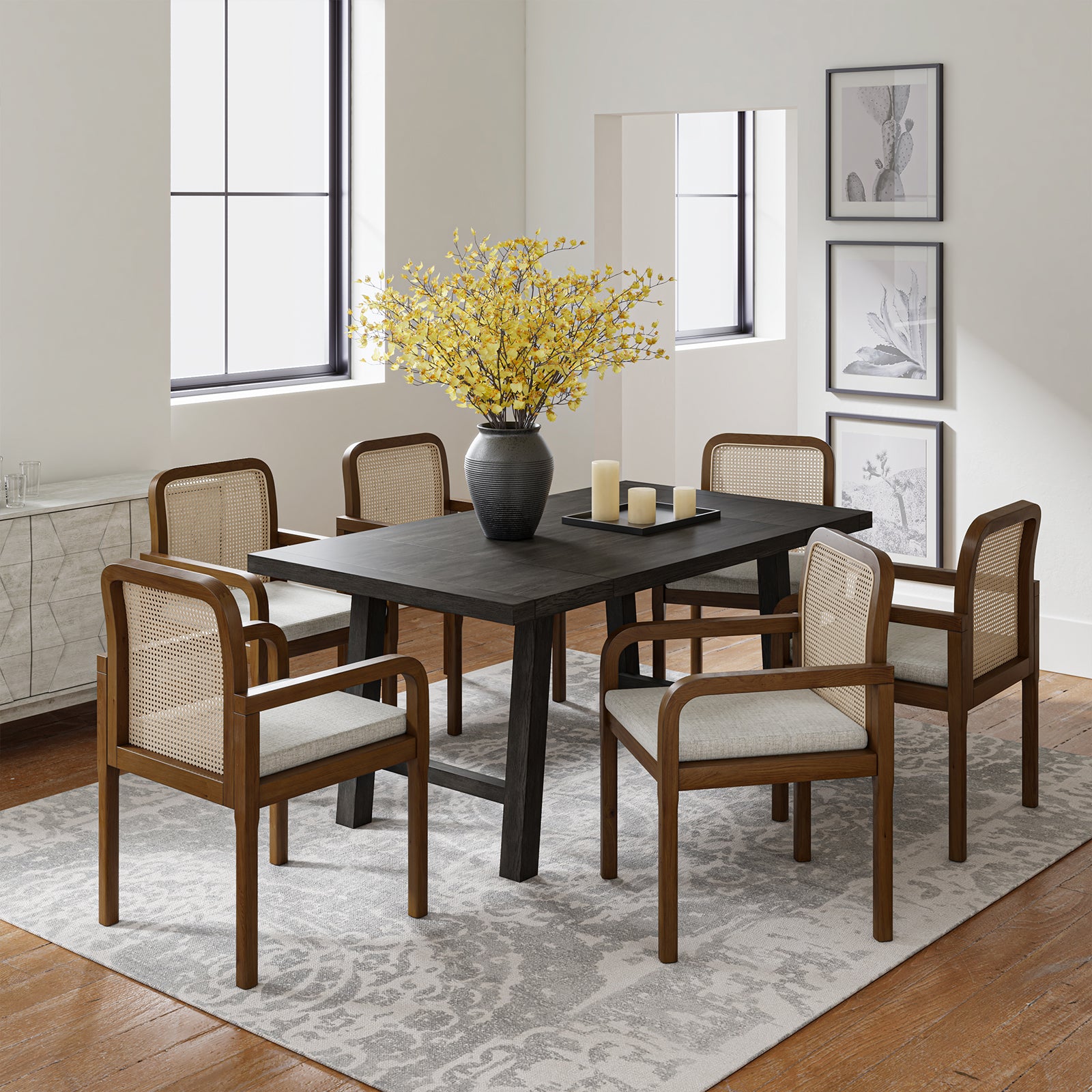 Rattan Black Dining Chairs  Wooden Armchairs Removable Cushion Home Kitchen Restaurant