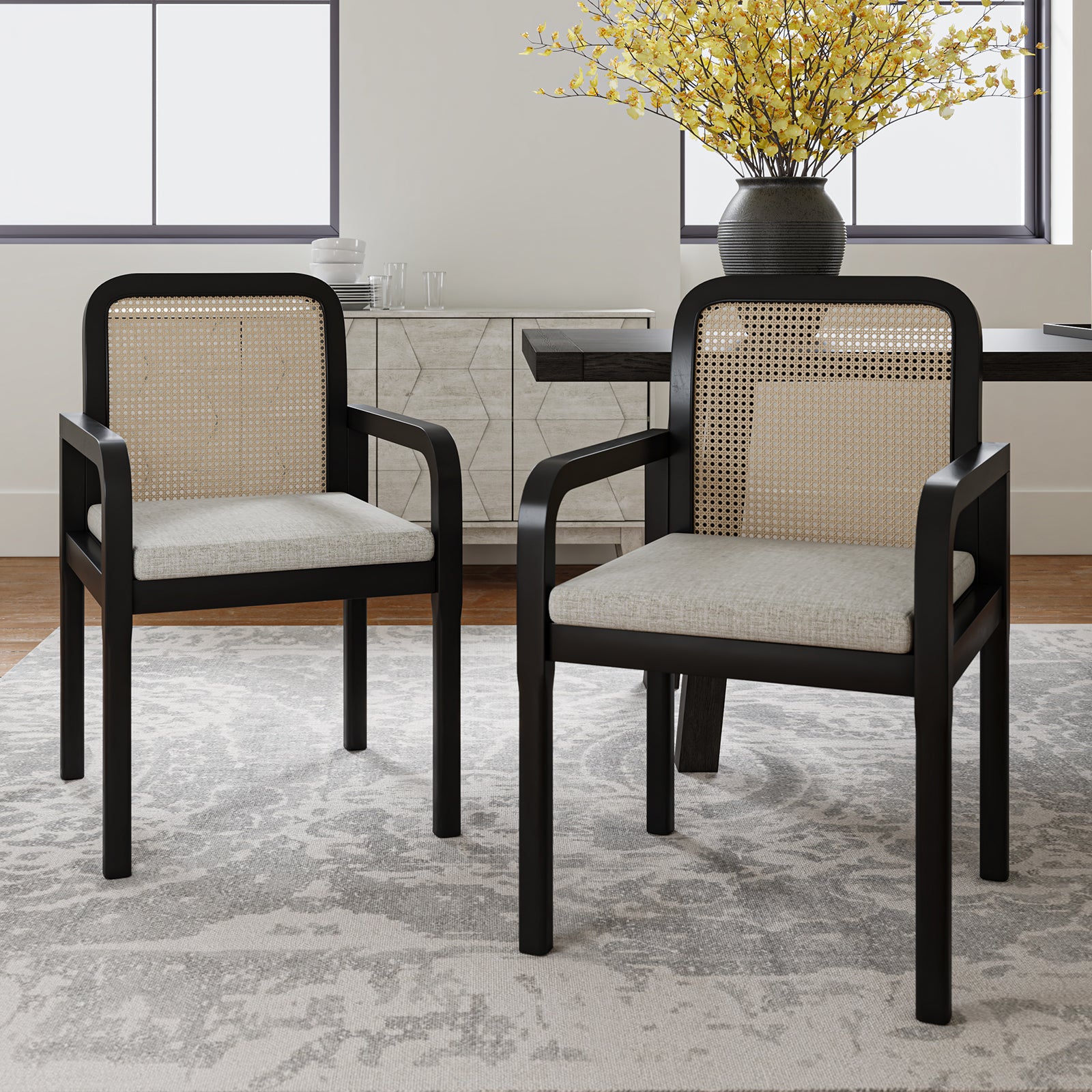 Rattan Black Dining Chairs  Wooden Armchairs Removable Cushion Home Kitchen Restaurant