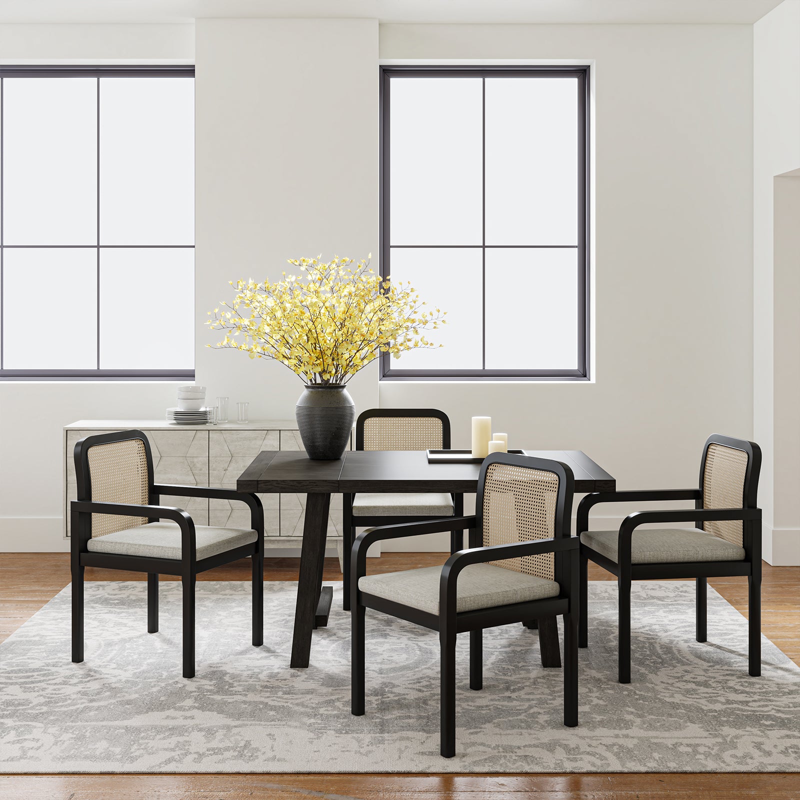 Rattan Black Dining Chairs  Wooden Armchairs Removable Cushion Home Kitchen Restaurant