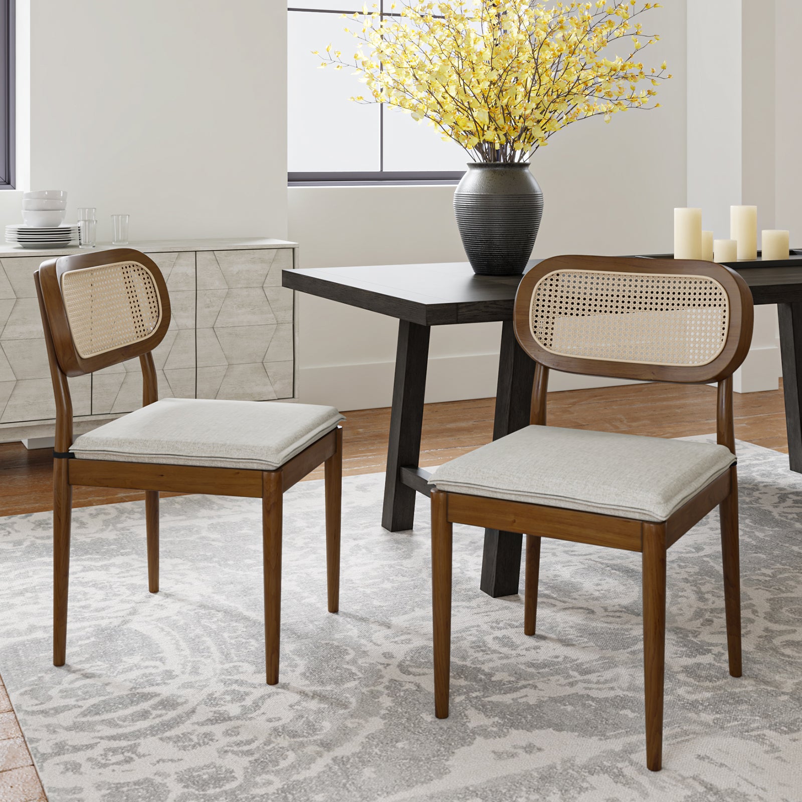 Farmhouse Dining Chairs Rattan Side Chairs Wood Legs Removable Cushion Home Kitchen Restaurant