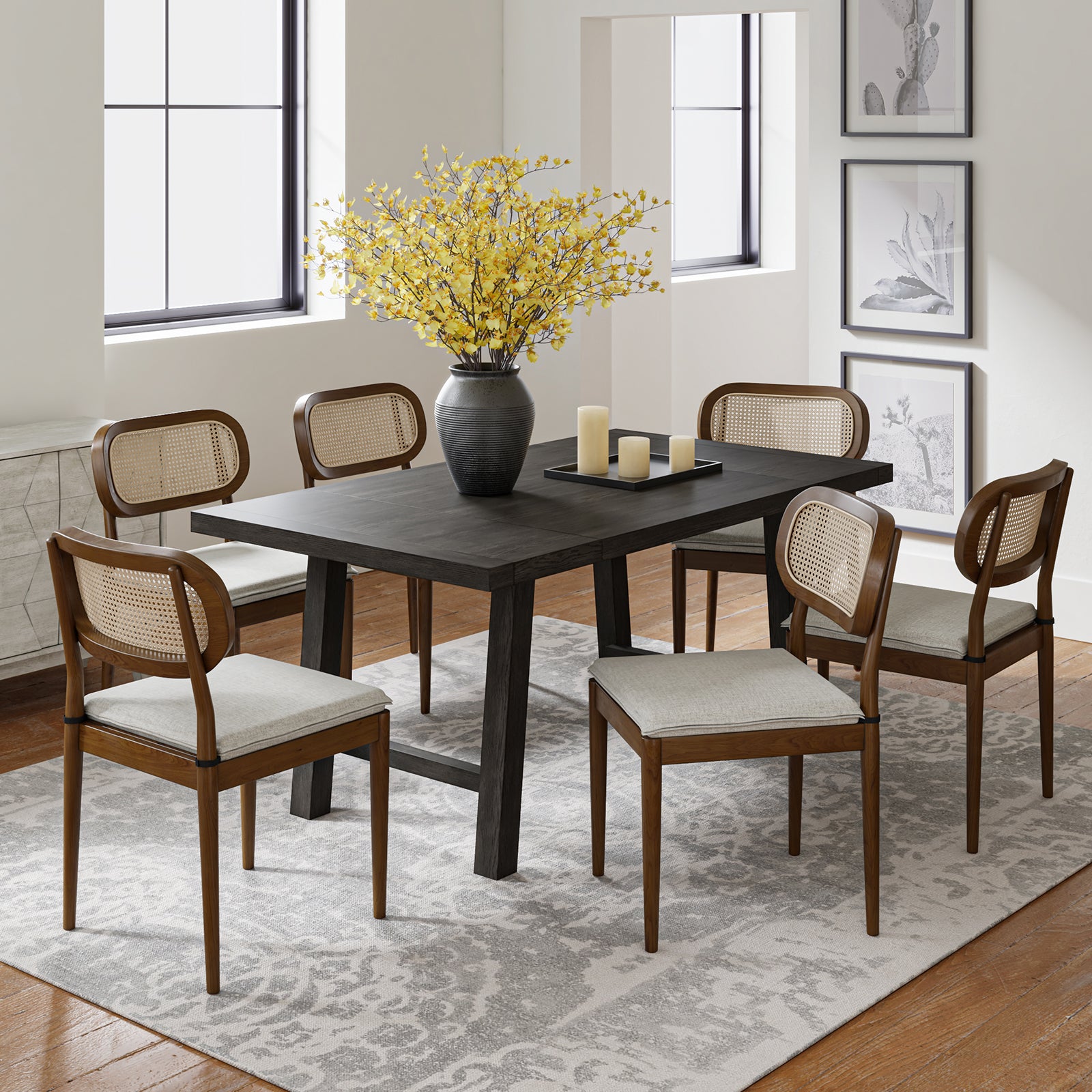 Farmhouse Dining Chairs Rattan Side Chairs Wood Legs Removable Cushion Home Kitchen Restaurant