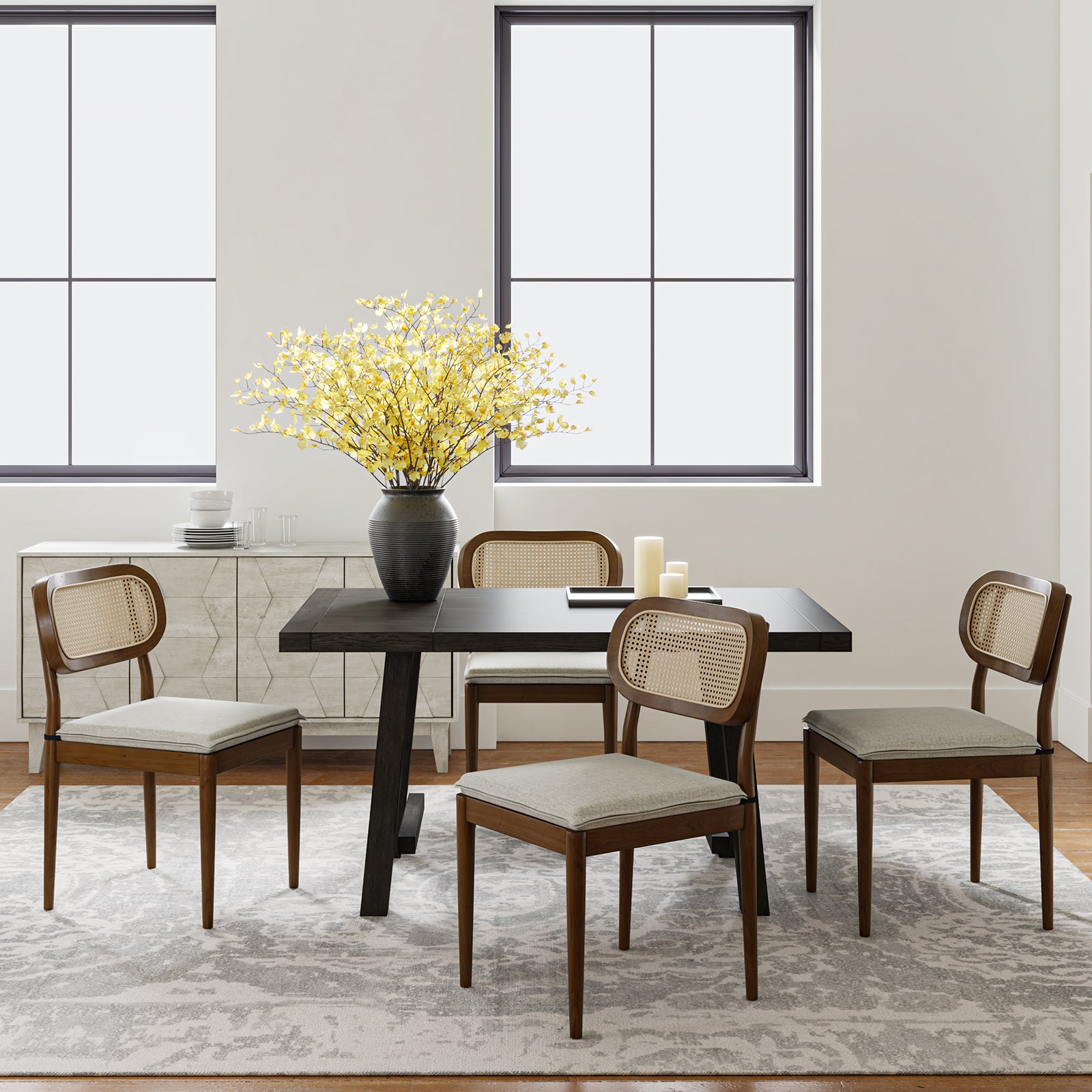 Farmhouse Dining Chairs Rattan Side Chairs Wood Legs Removable Cushion Home Kitchen Restaurant