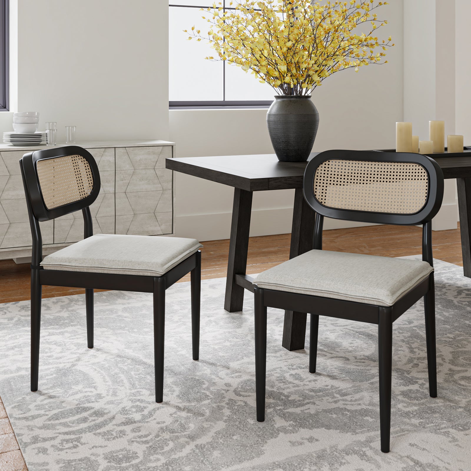 Farmhouse Dining Chairs Rattan Side Chairs Wood Legs Removable Cushion Home Kitchen Restaurant