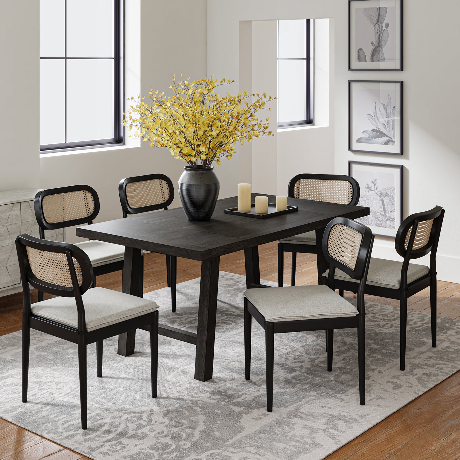 Farmhouse Dining Chairs Rattan Side Chairs Wood Legs Removable Cushion Home Kitchen Restaurant