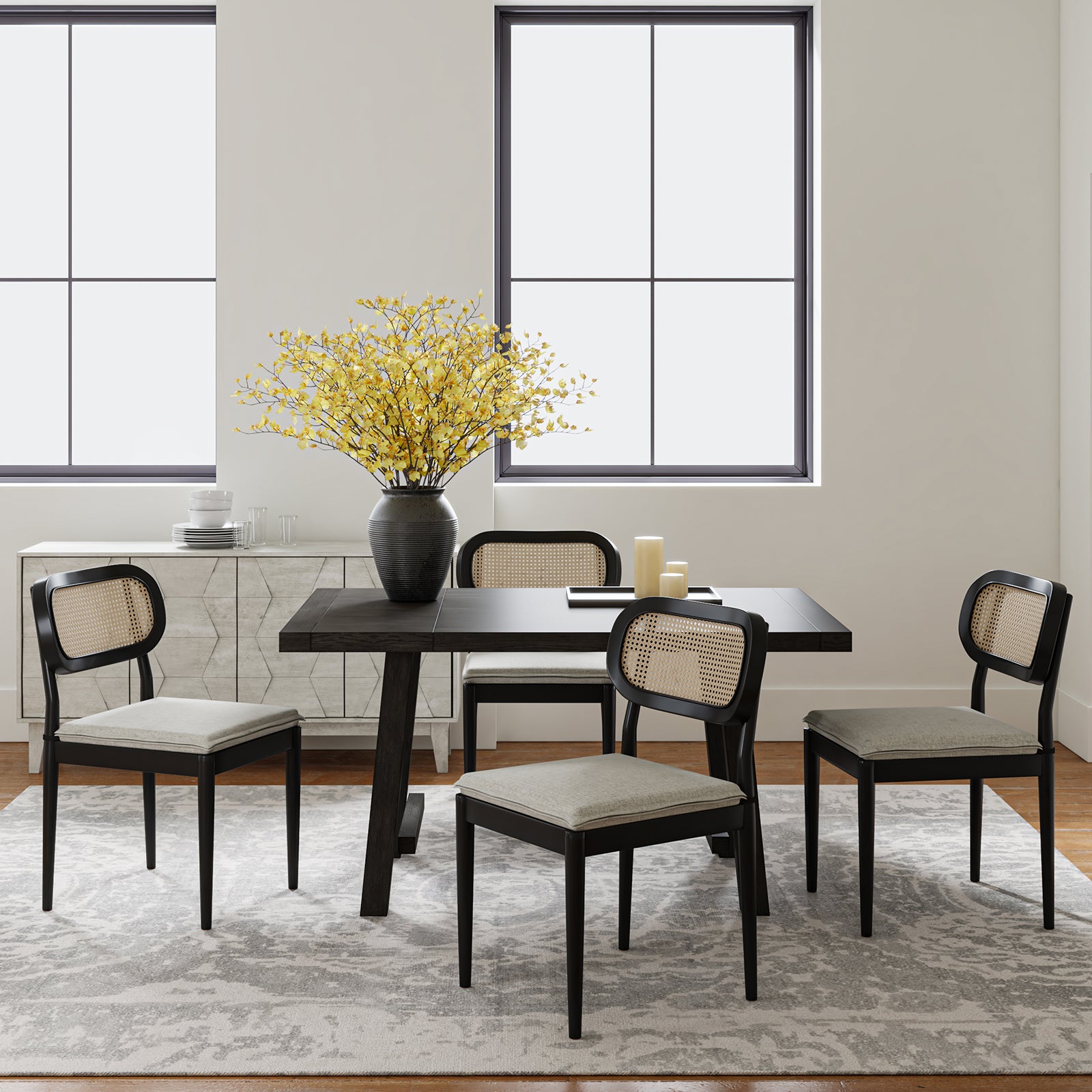 Farmhouse Dining Chairs Rattan Side Chairs Wood Legs Removable Cushion Home Kitchen Restaurant