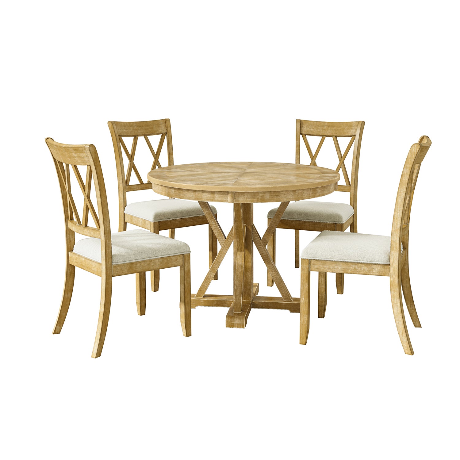 5 Piece Farmhouse Round Dining Table Set 40" Rustic Solid Wood Dinner Tables with 4 Dining Chairs Set Kitchen Dining Room Natural