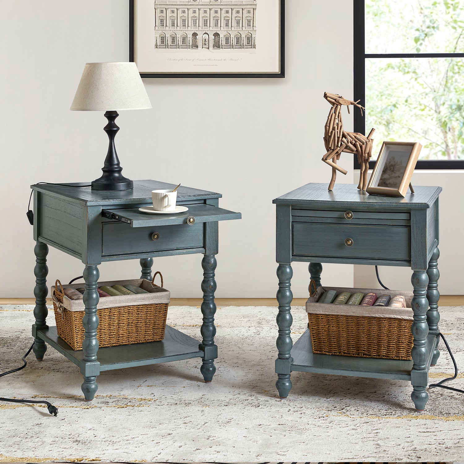 Modern End Table Set of 2 | Solid Wood Nightstand with Drawer Tray & USB Ports for Living Room & Bedroom