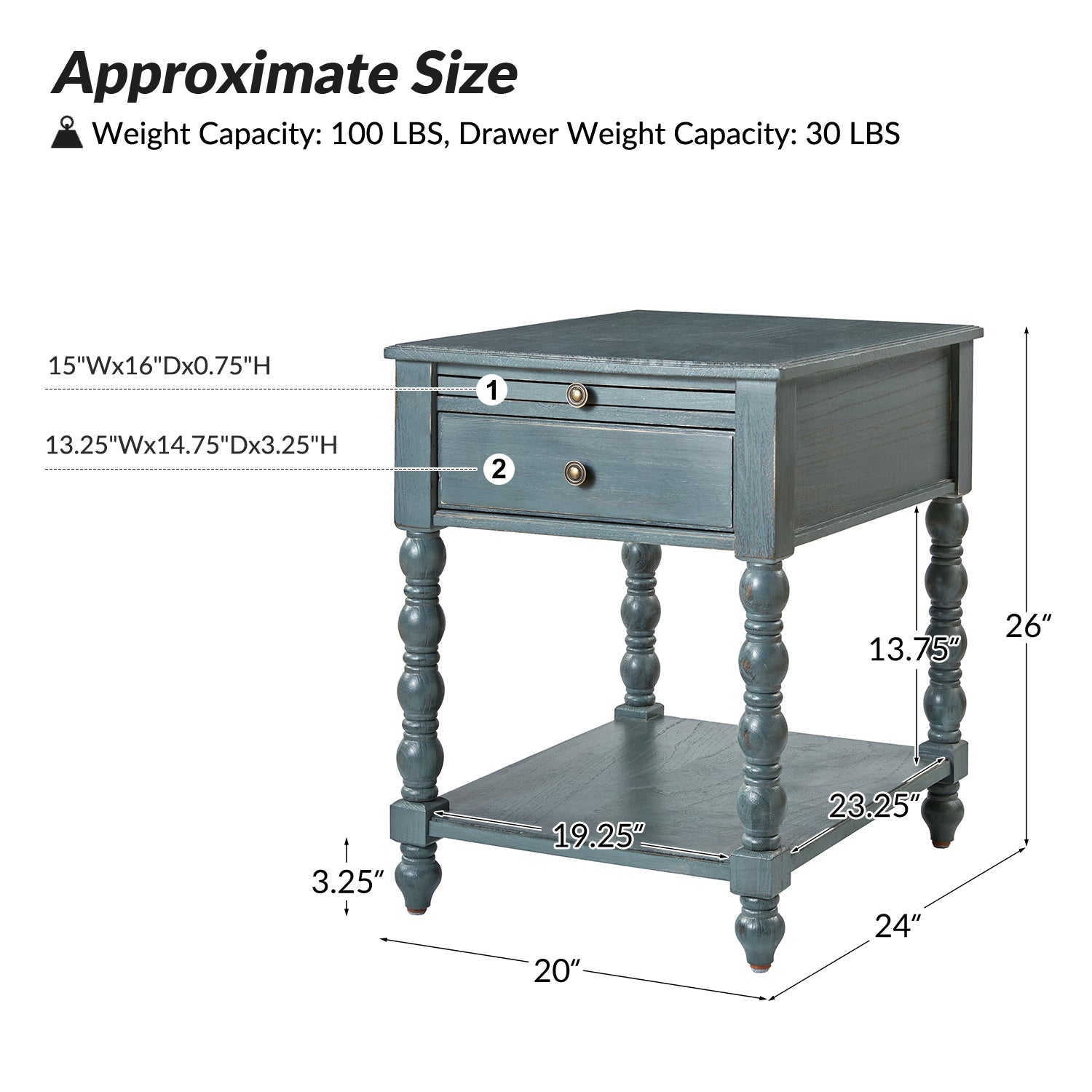 Modern End Table Set of 2 | Solid Wood Nightstand with Drawer Tray & USB Ports for Living Room & Bedroom