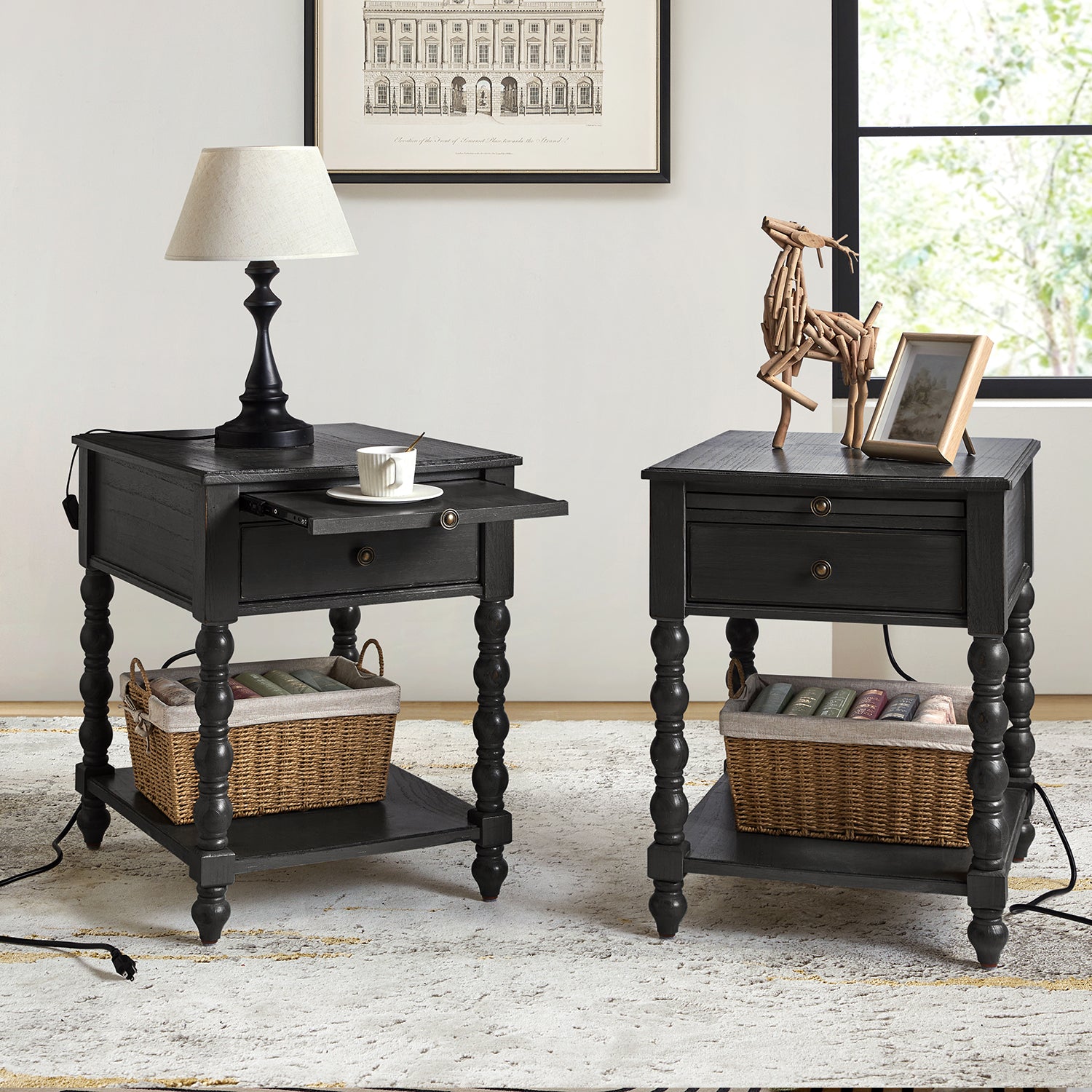 Modern End Table Set of 2 | Solid Wood Nightstand with Drawer Tray & USB Ports for Living Room & Bedroom