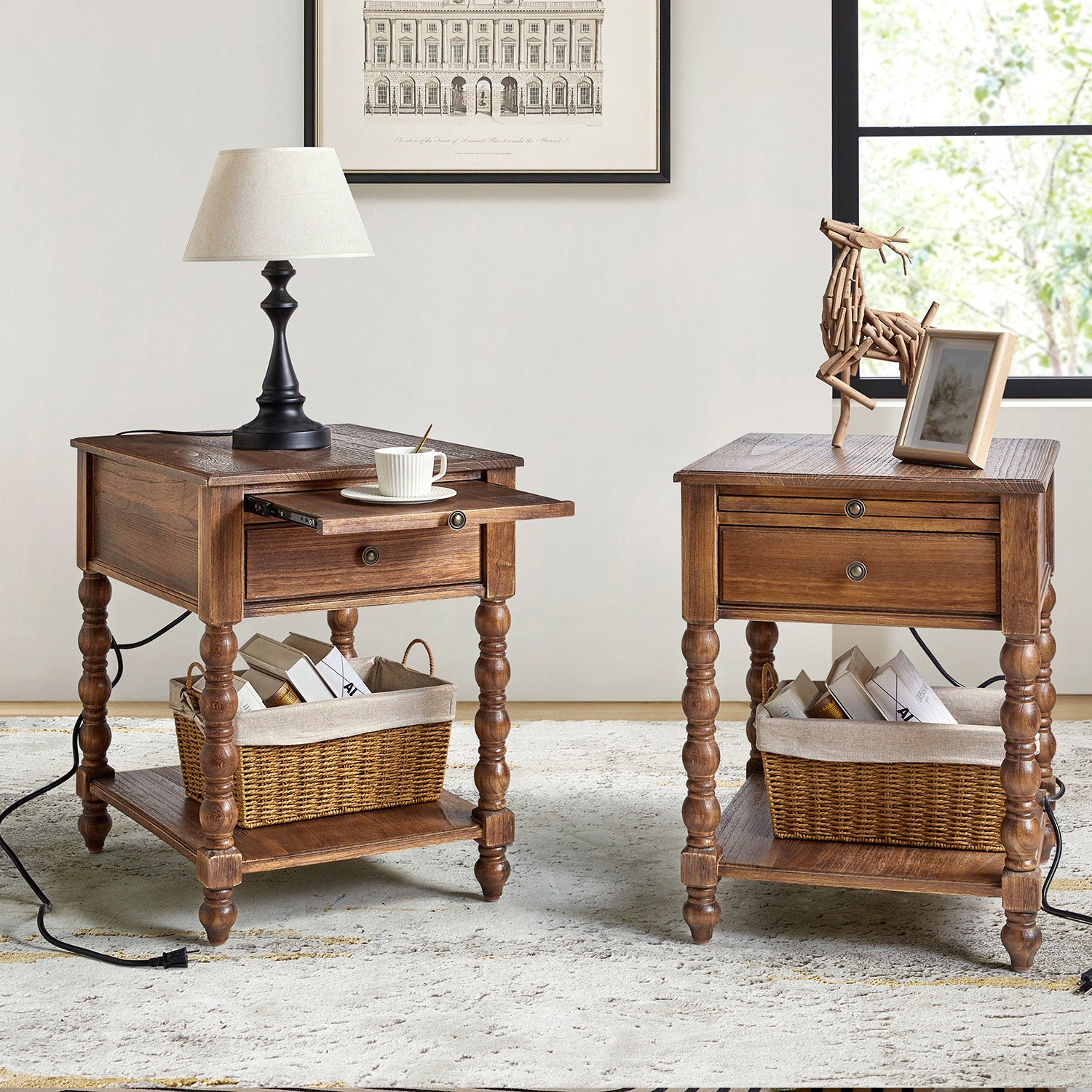 Modern End Table Set of 2 | Solid Wood Nightstand with Drawer Tray & USB Ports for Living Room & Bedroom