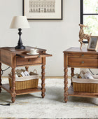 Modern End Table Set of 2 | Solid Wood Nightstand with Drawer Tray & USB Ports for Living Room & Bedroom