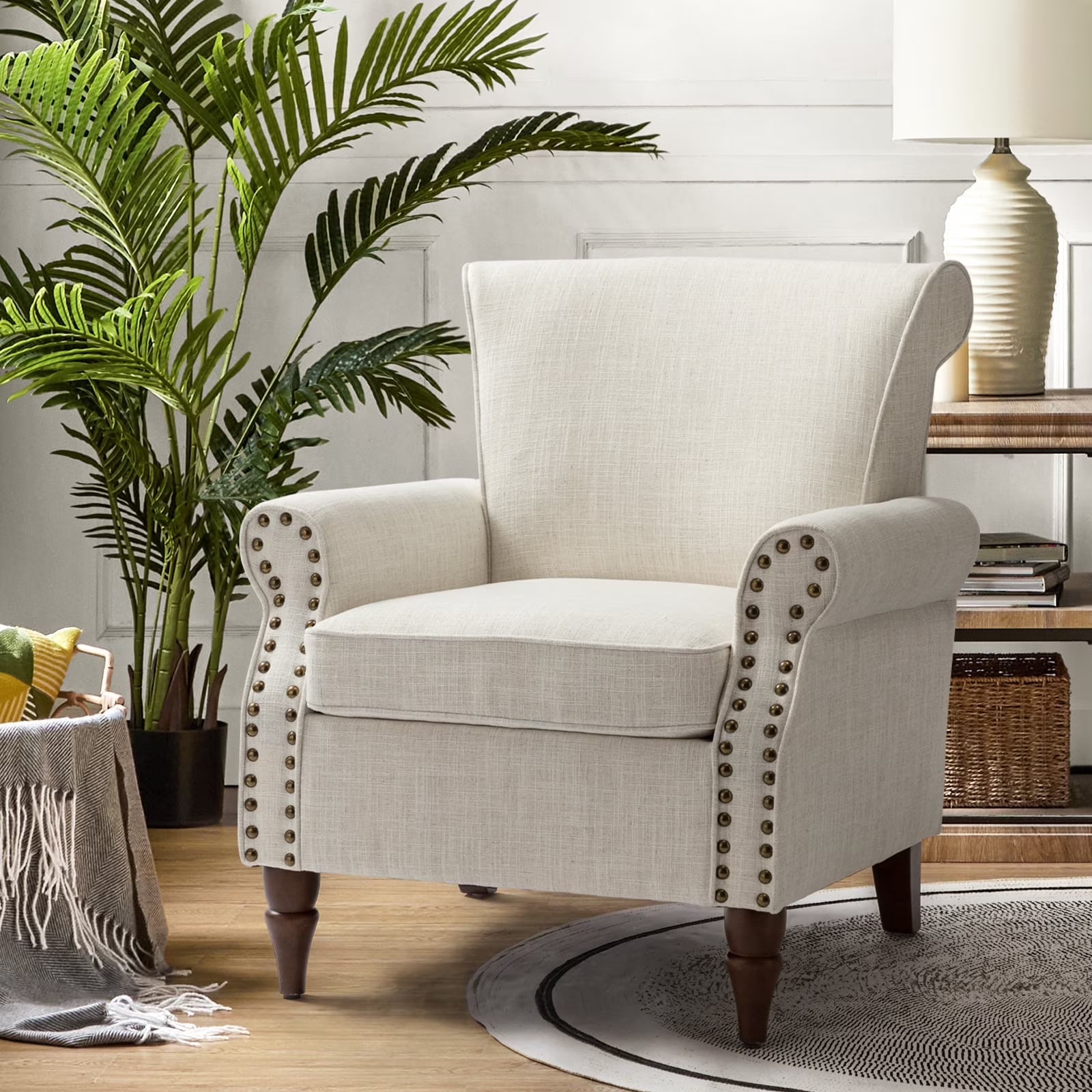 Upholstered Sofa Armchair Fabric Wingback Accent Chair Wood Legs Nailhead Trim Home Living Room Bedroom