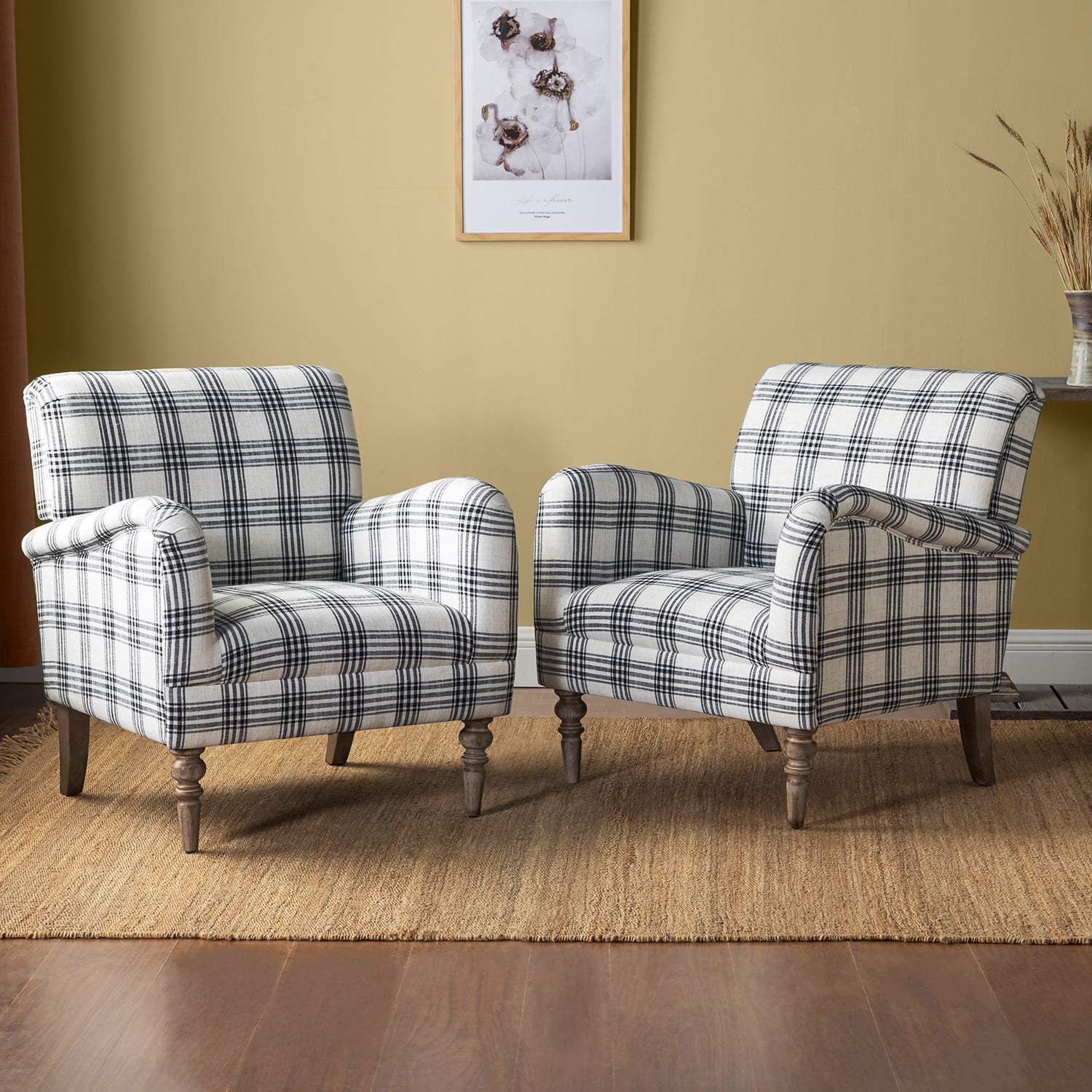 Farmhouse Plaid Accent Chair with Carved Wood Legs ,29.5”W Upholstered Rustic Armchair for Living Room, Bedroom or Reading Nook, GREENGUARD Certified