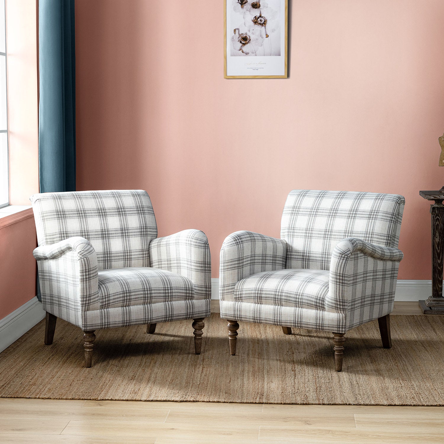 Farmhouse Plaid Accent Chair with Carved Wood Legs ,29.5”W Upholstered Rustic Armchair for Living Room, Bedroom or Reading Nook, GREENGUARD Certified
