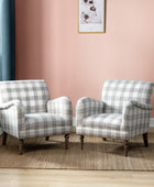 Farmhouse Plaid Accent Chair with Carved Wood Legs ,29.5”W Upholstered Rustic Armchair for Living Room, Bedroom or Reading Nook, GREENGUARD Certified