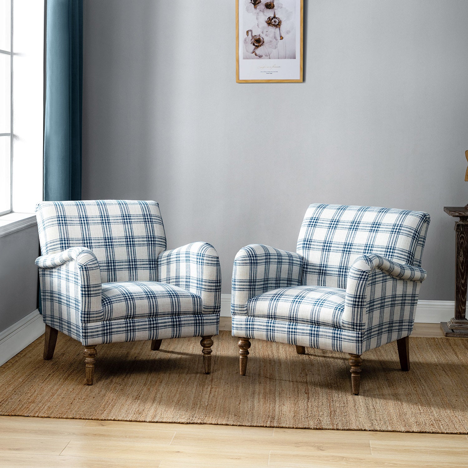Farmhouse Plaid Accent Chair with Carved Wood Legs ,29.5”W Upholstered Rustic Armchair for Living Room, Bedroom or Reading Nook, GREENGUARD Certified
