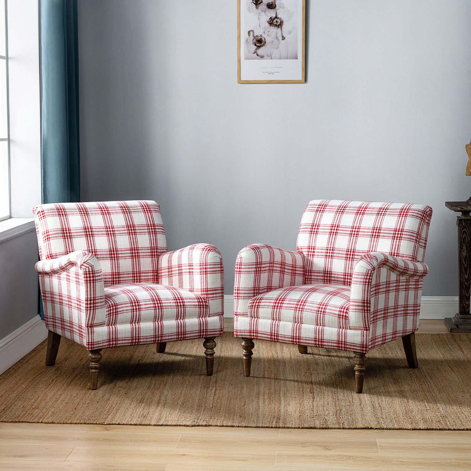 Farmhouse Plaid Accent Chair with Carved Wood Legs ,29.5”W Upholstered Rustic Armchair for Living Room, Bedroom or Reading Nook, GREENGUARD Certified