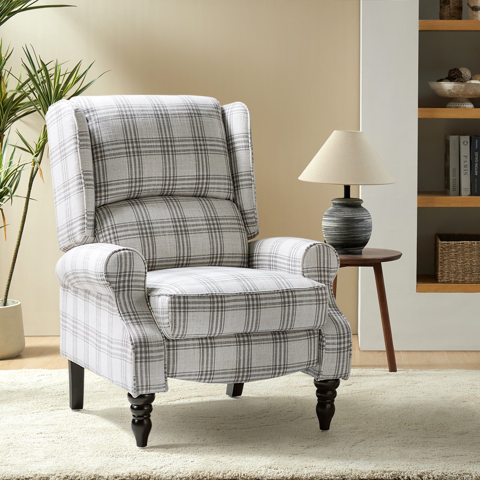 Recliner Chair Push Back Upholstered Midcentury Wingback Armchair Fabric Home Theater Couch Wood Legs Home Living Room