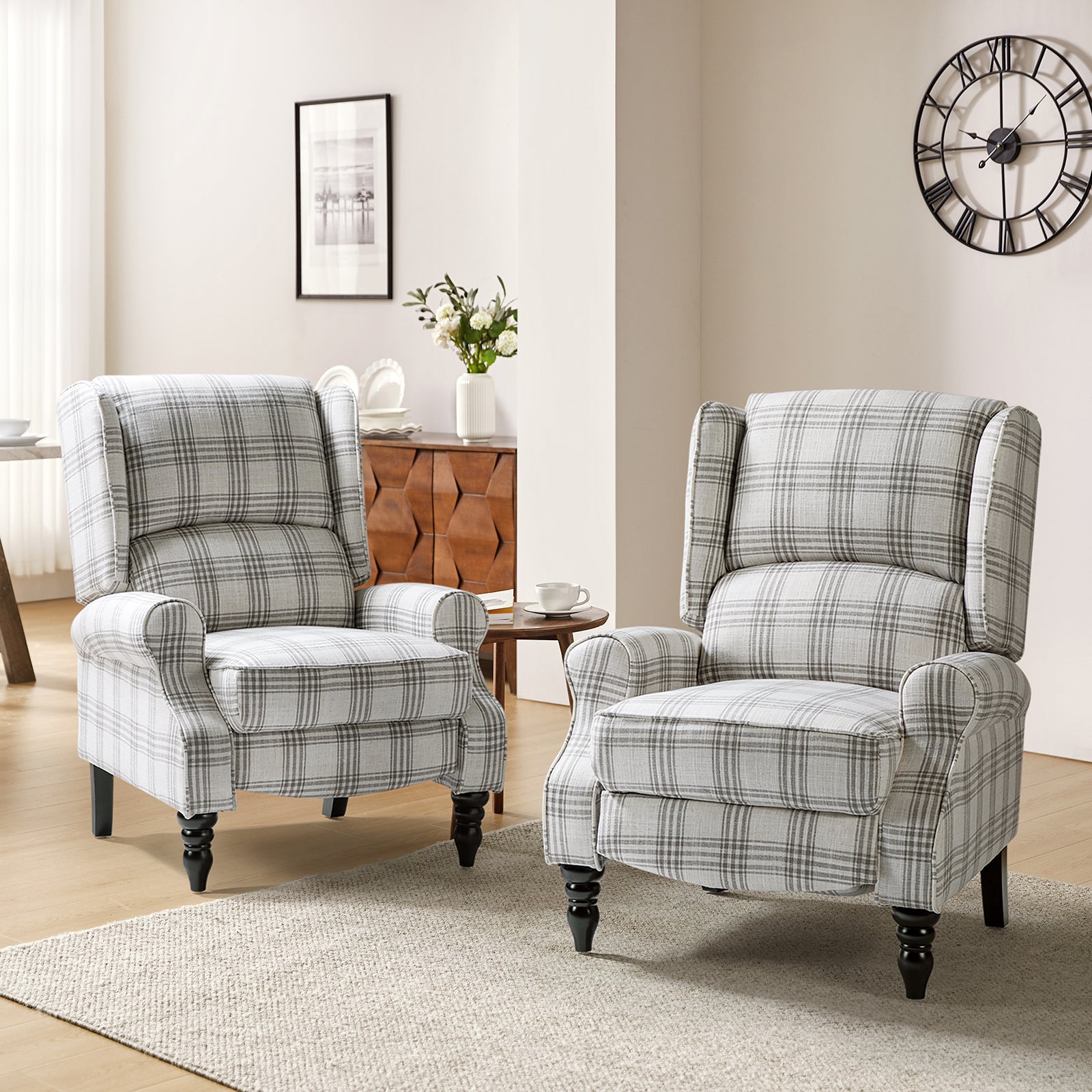 Recliner Chair Push Back Upholstered Midcentury Wingback Armchair Fabric Home Theater Couch Wood Legs Home Living Room