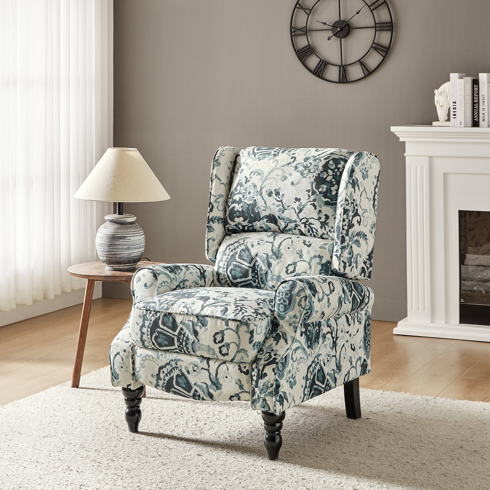 Recliner Chair Push Back Upholstered Midcentury Wingback Armchair Fabric Home Theater Couch Wood Legs Home Living Room