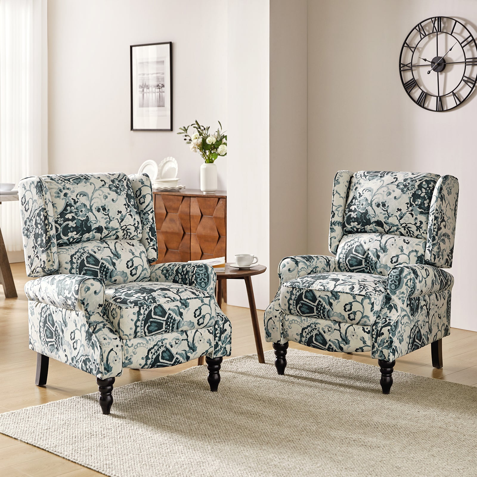 Recliner Chair Push Back Upholstered Midcentury Wingback Armchair Fabric Home Theater Couch Wood Legs Home Living Room