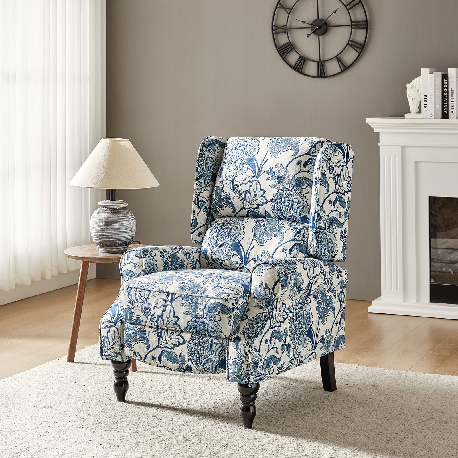 Recliner Chair Push Back Upholstered Midcentury Wingback Armchair Fabric Home Theater Couch Wood Legs Home Living Room