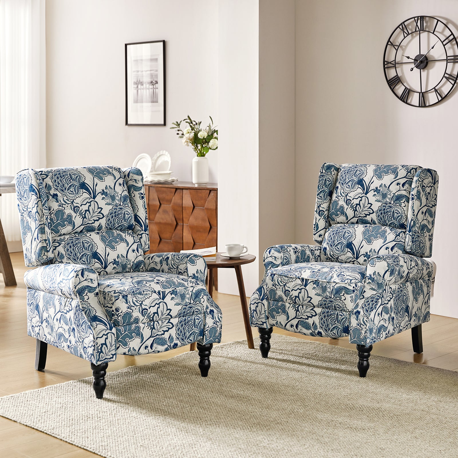 Recliner Chair Push Back Upholstered Midcentury Wingback Armchair Fabric Home Theater Couch Wood Legs Home Living Room