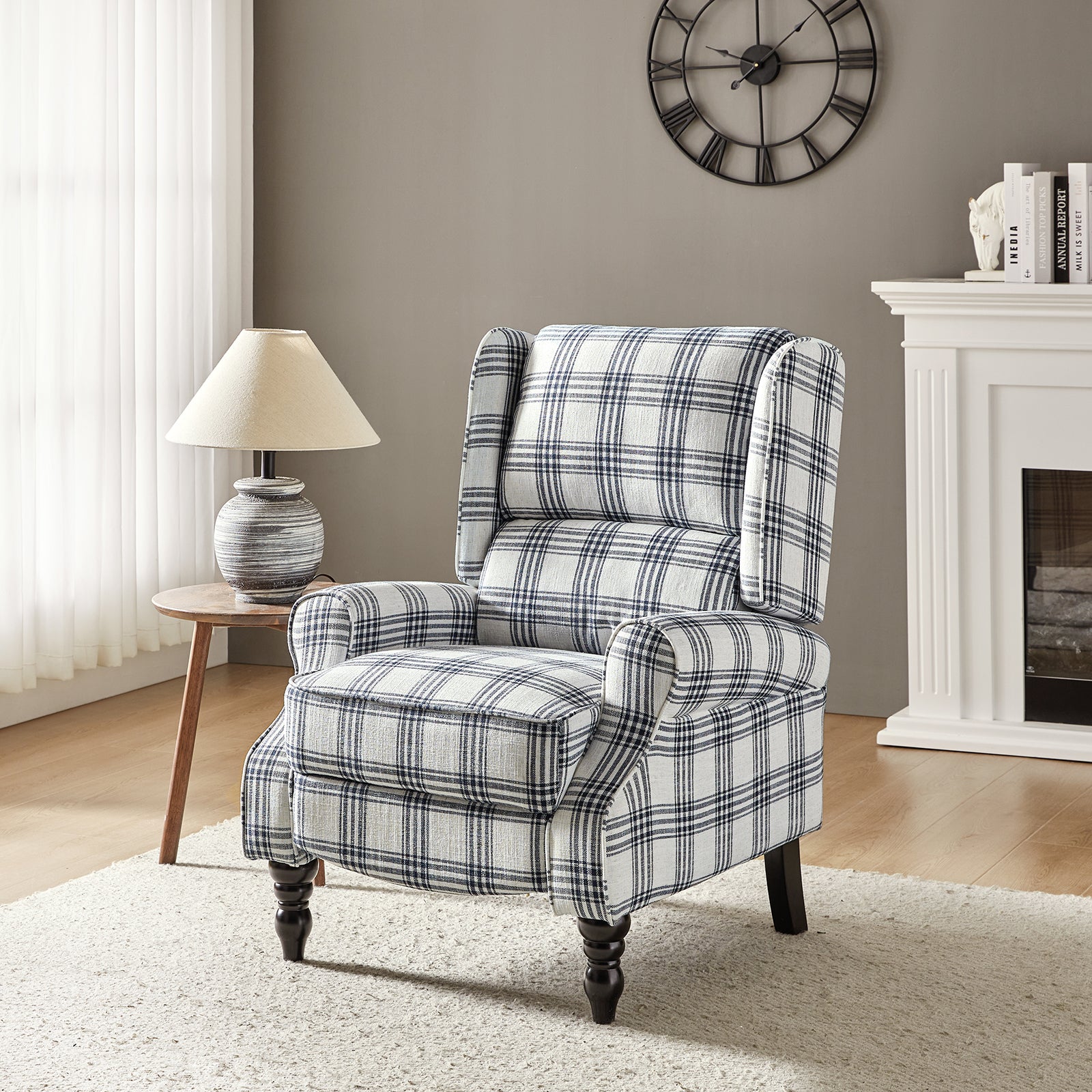 Recliner Chair Push Back Upholstered Midcentury Wingback Armchair Fabric Home Theater Couch Wood Legs Home Living Room