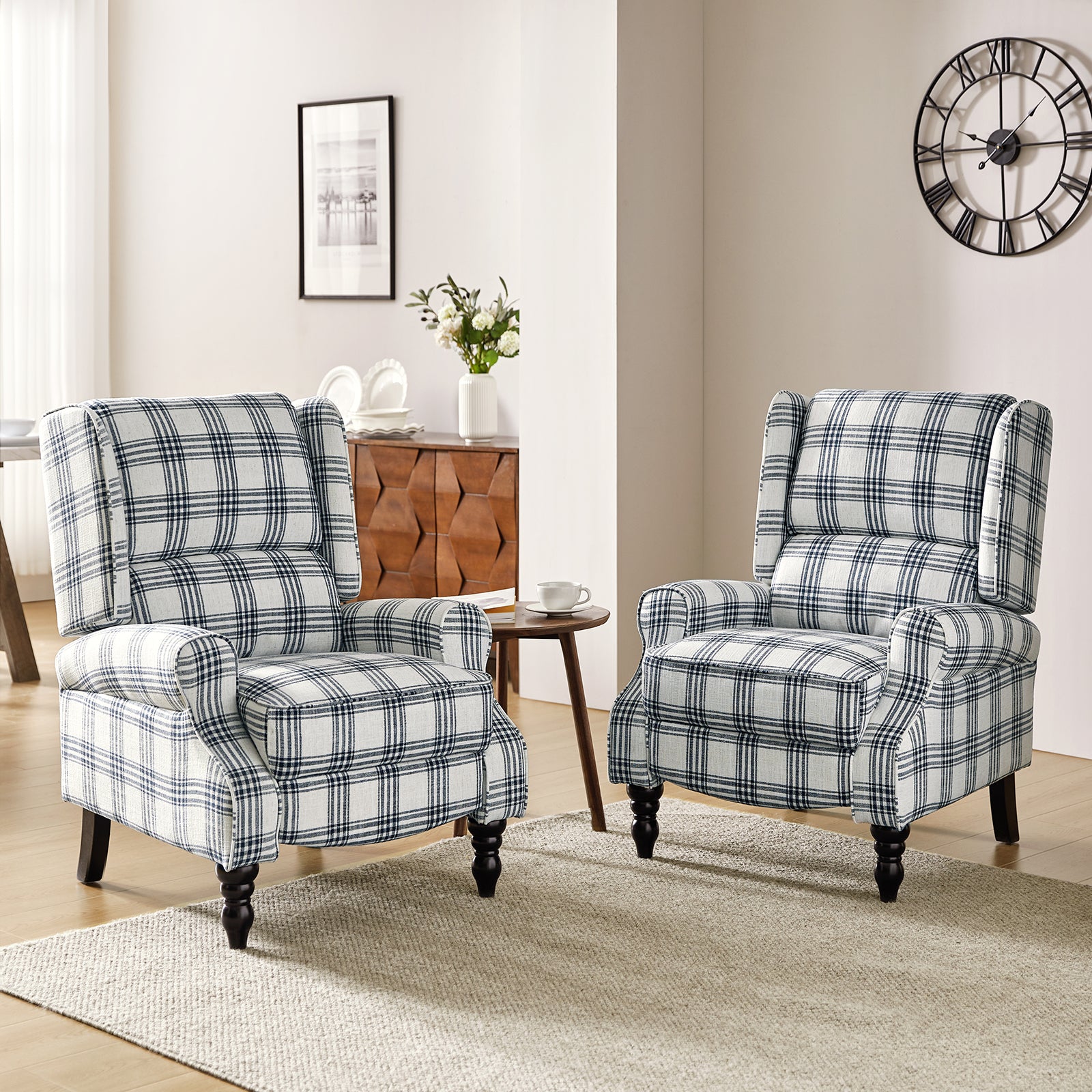 Recliner Chair Push Back Upholstered Midcentury Wingback Armchair Fabric Home Theater Couch Wood Legs Home Living Room