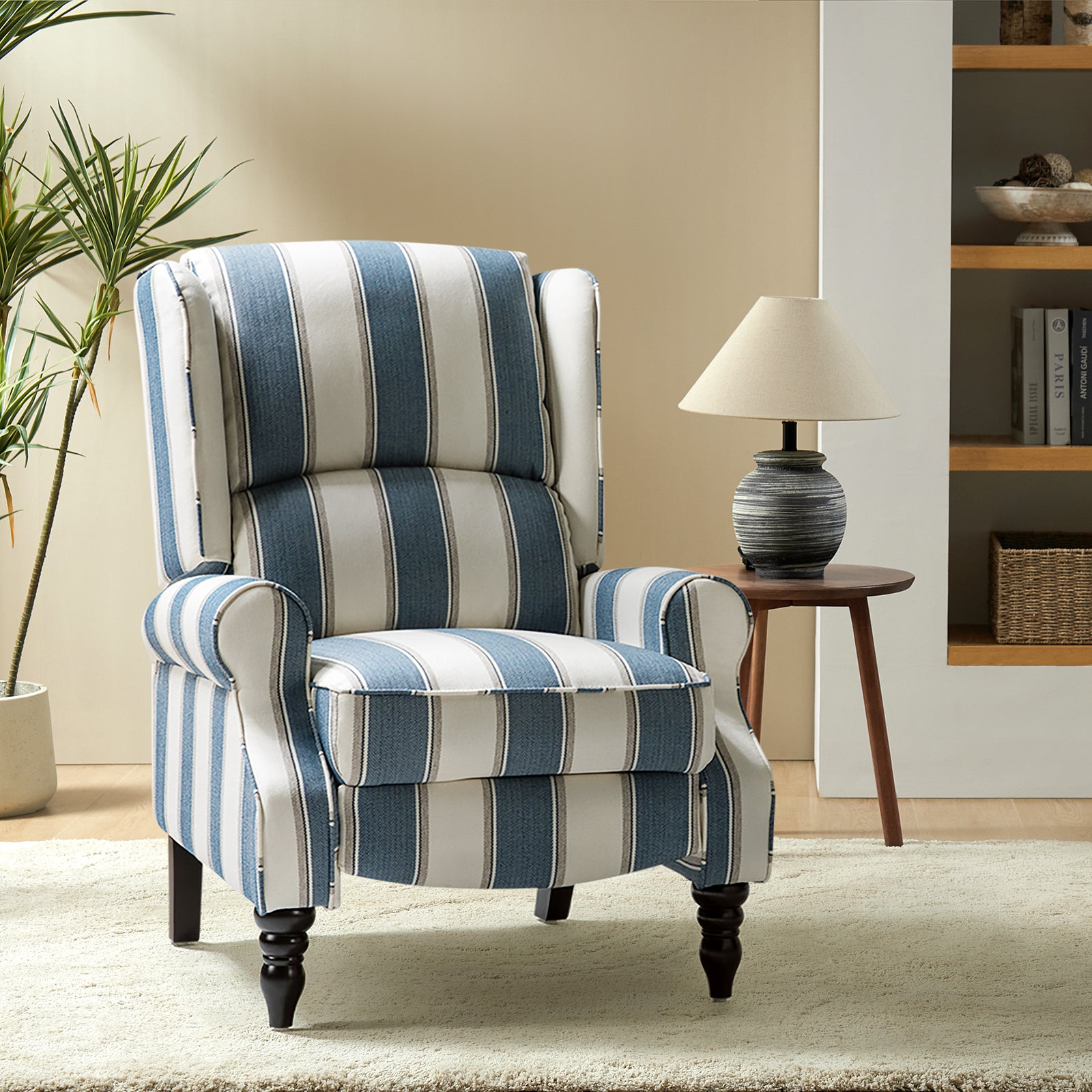 Recliner Chair Push Back Upholstered Midcentury Wingback Armchair Fabric Home Theater Couch Wood Legs Home Living Room