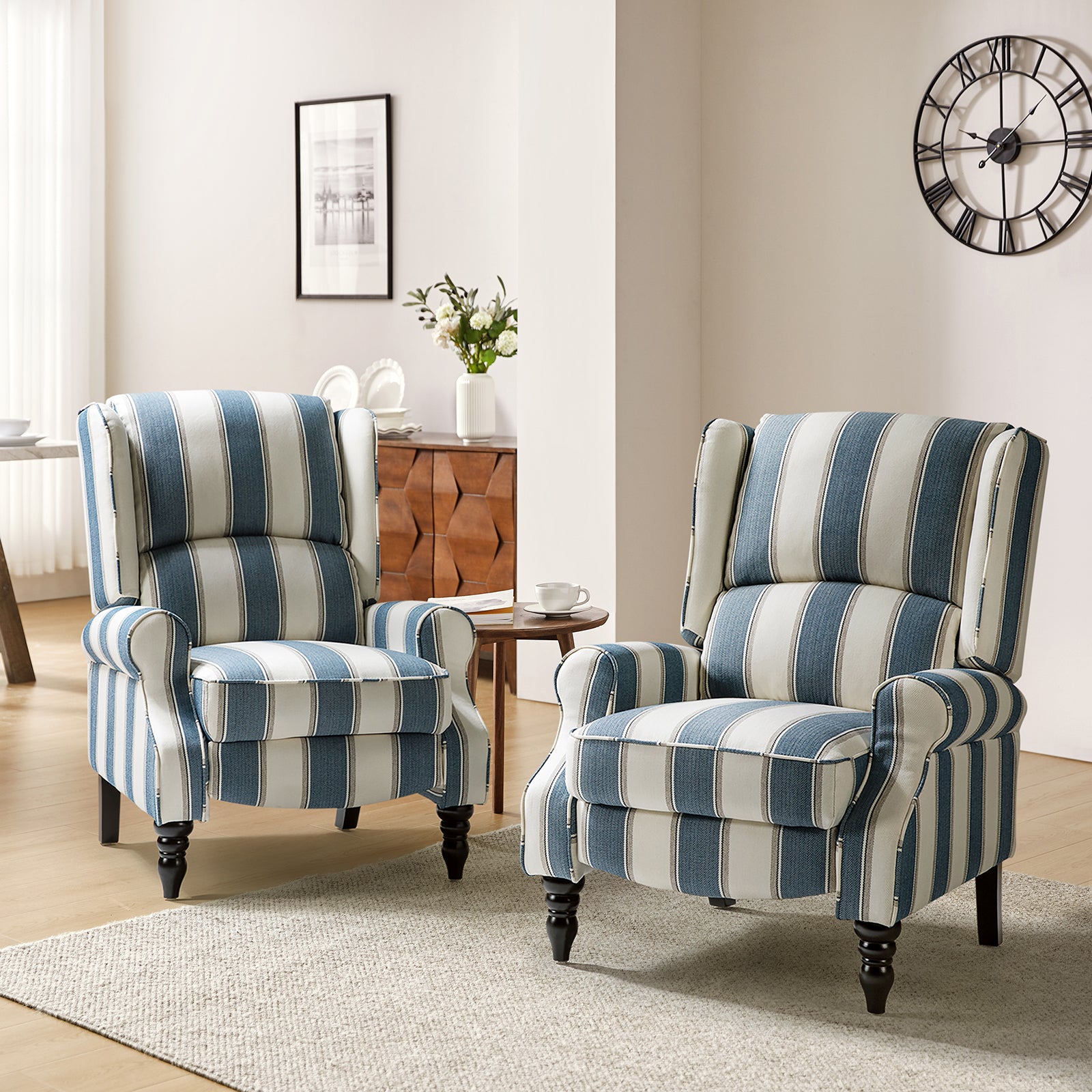 Recliner Chair Push Back Upholstered Midcentury Wingback Armchair Fabric Home Theater Couch Wood Legs Home Living Room