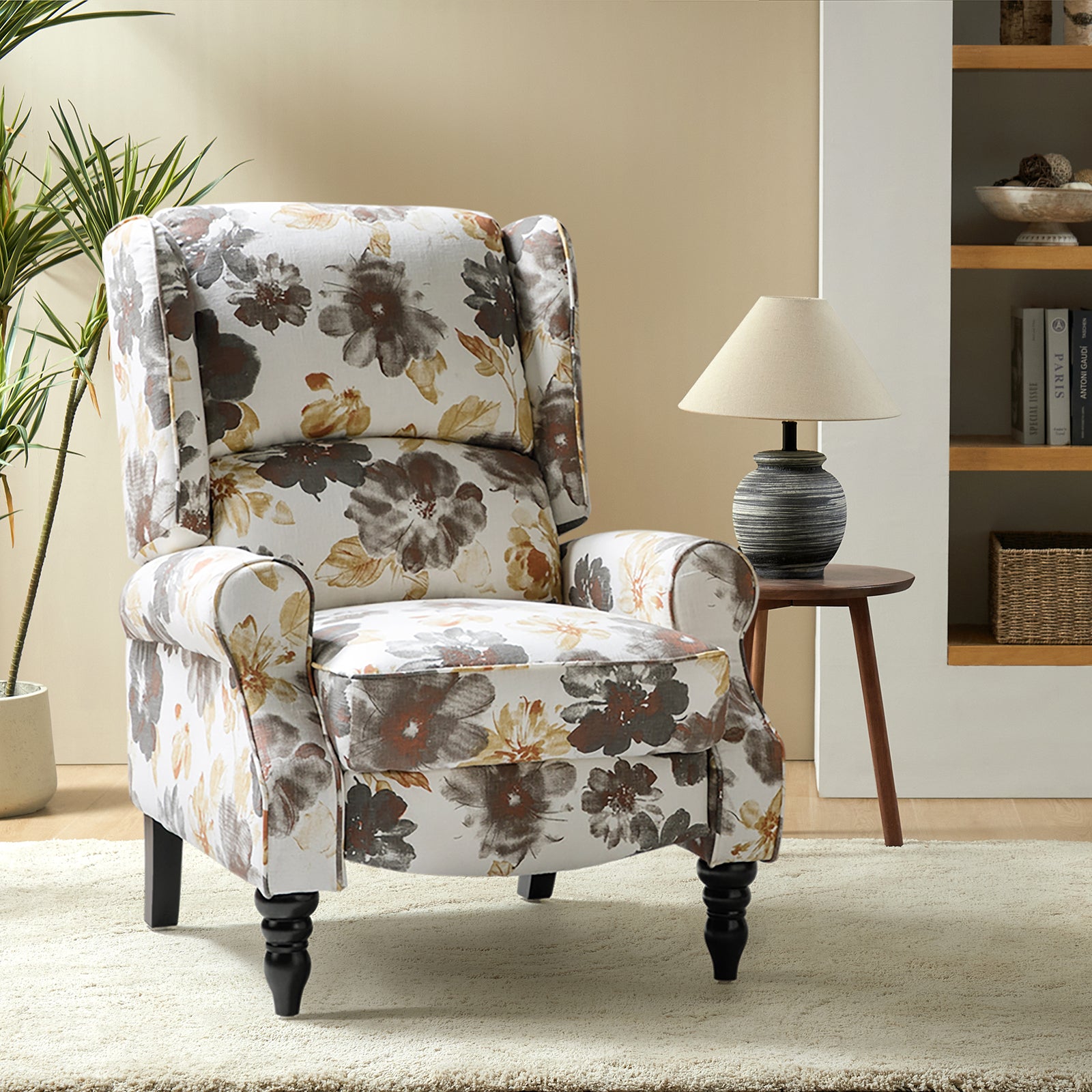 Recliner Chair Push Back Upholstered Midcentury Wingback Armchair Fabric Home Theater Couch Wood Legs Home Living Room