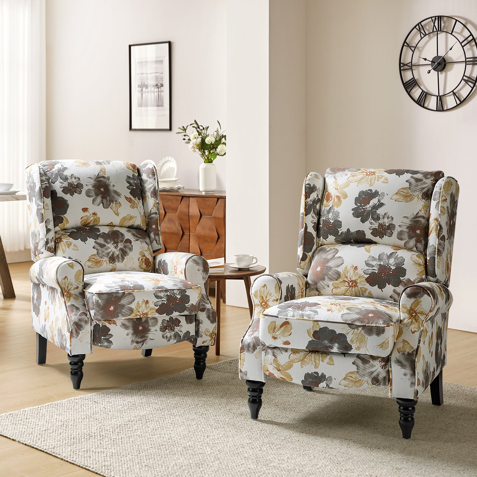 Recliner Chair Push Back Upholstered Midcentury Wingback Armchair Fabric Home Theater Couch Wood Legs Home Living Room
