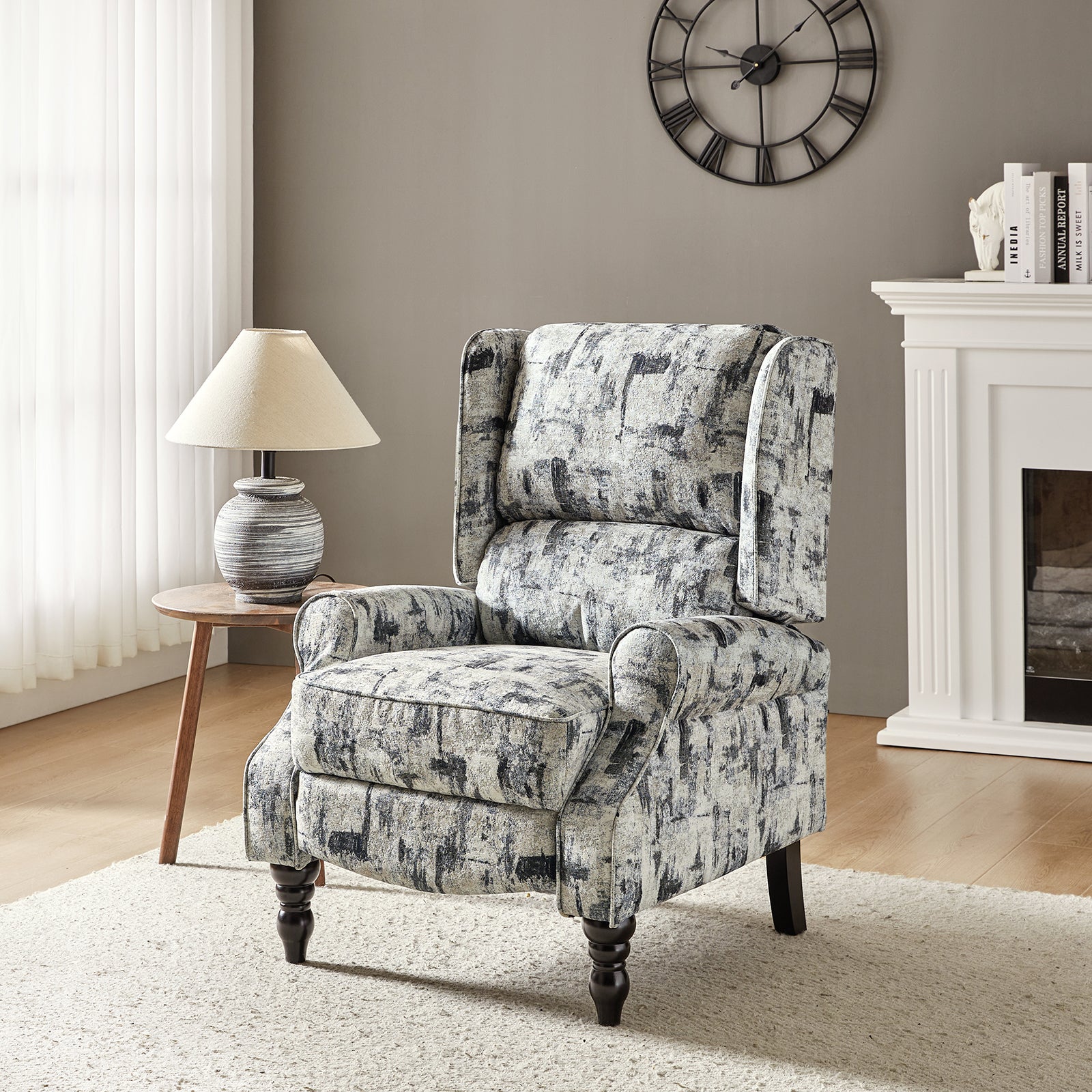 Recliner Chair Push Back Upholstered Midcentury Wingback Armchair Fabric Home Theater Couch Wood Legs Home Living Room