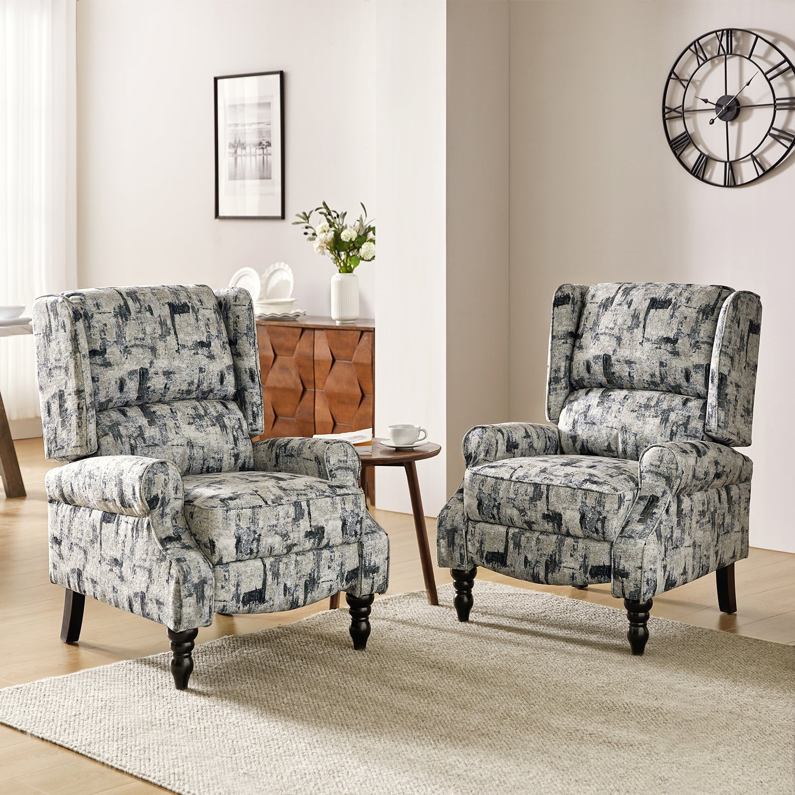 Recliner Chair Push Back Upholstered Midcentury Wingback Armchair Fabric Home Theater Couch Wood Legs Home Living Room