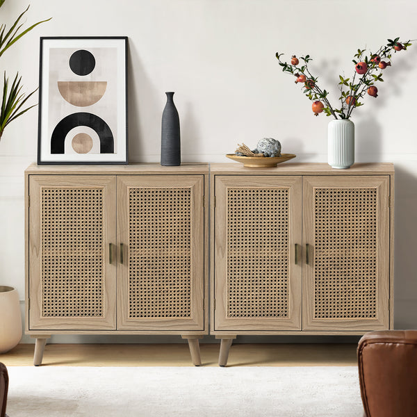 2 Rattan Doors Sideboard Buffet Cabinet Set of 2 with Storage and Adjustable Shelves Living Room