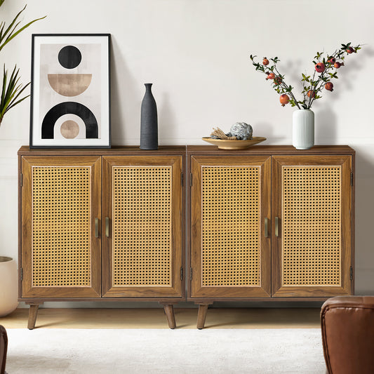 2 Rattan Doors Sideboard Buffet Cabinet Set of 2 with Storage and Adjustable Shelves Living Room