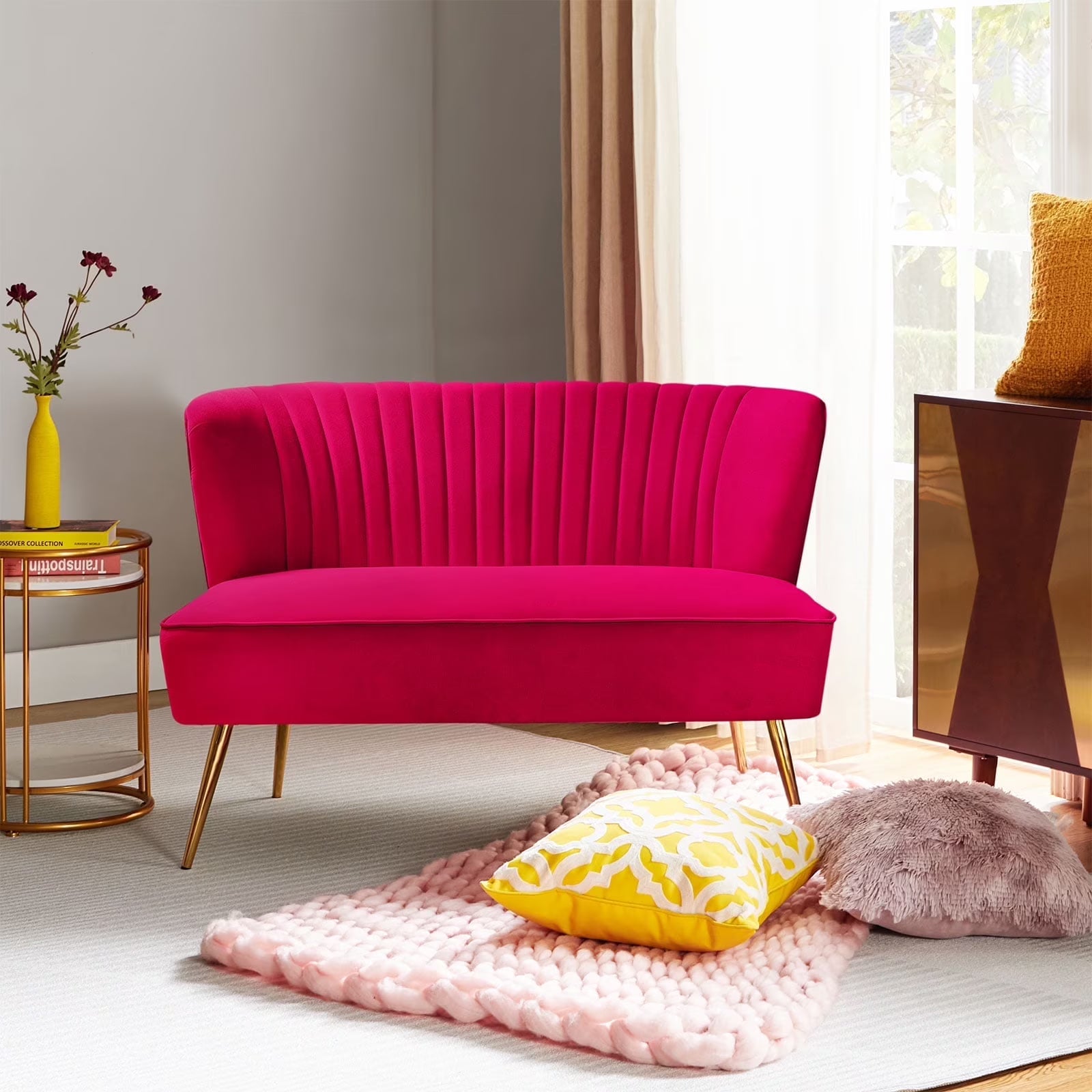 Velvet Upholstered Loveseat Sofa with Gold Metal Legs, White Tufted Back Home Bedroom
