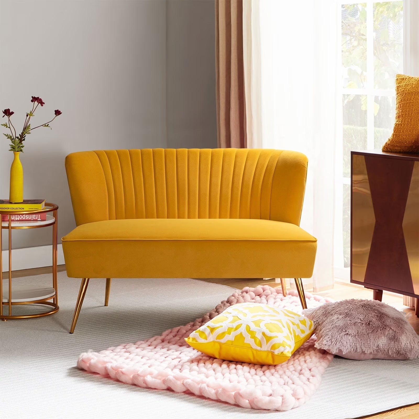 Velvet Upholstered Loveseat Sofa with Gold Metal Legs, White Tufted Back Home Bedroom