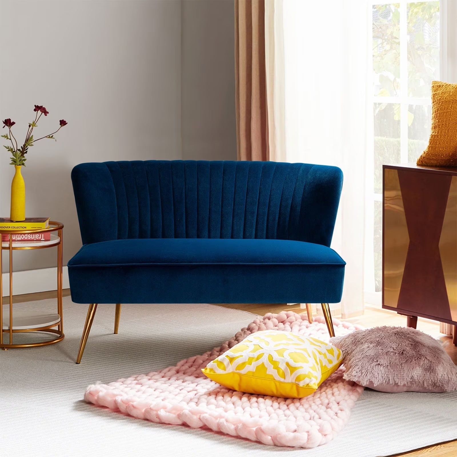 Velvet Upholstered Loveseat Sofa with Gold Metal Legs, White Tufted Back Home Bedroom