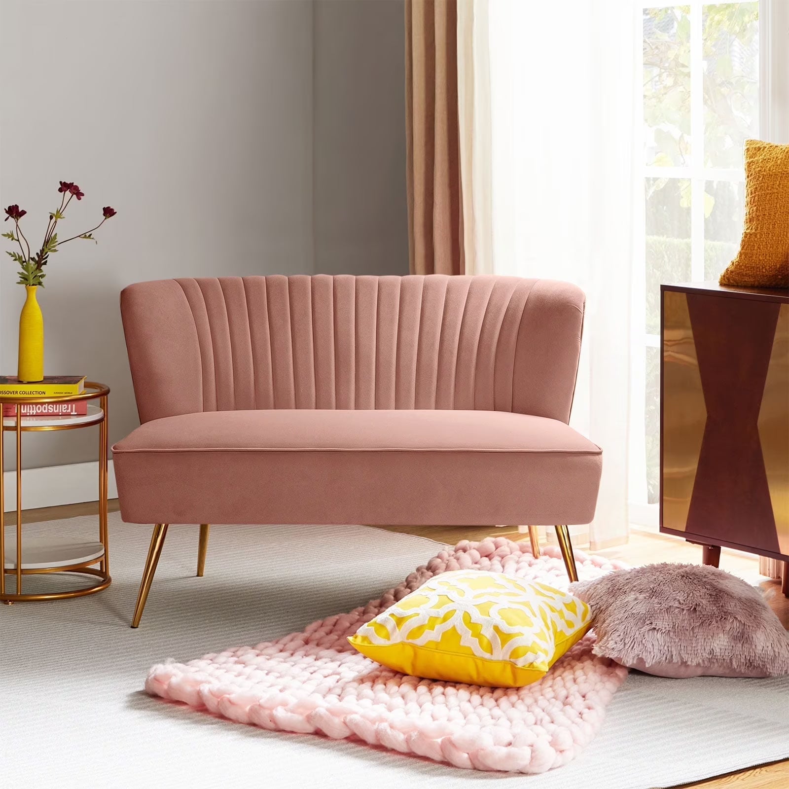 Velvet Upholstered Loveseat Sofa with Gold Metal Legs, White Tufted Back Home Bedroom