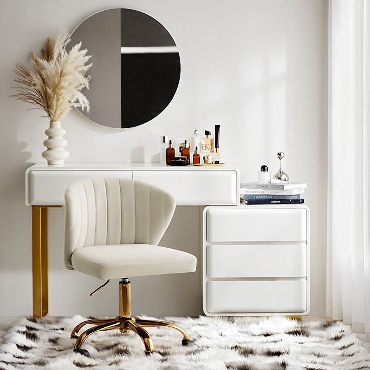 Velvet Swivel Office Chair with Gold Legs, Adjustable Height Rolling Desk Chair for Vanity
