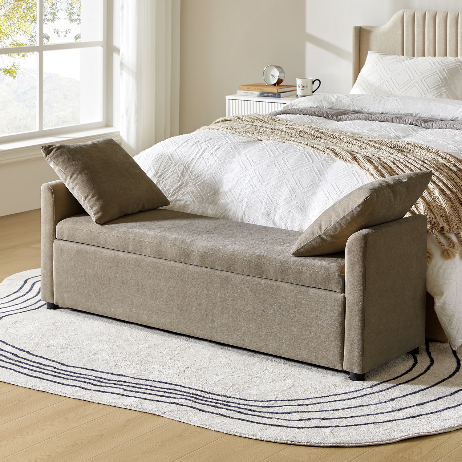 59" Storage Bench Upholstered Bed End Foot Stool 2 Throw Pillows Bedroom Entryway Living Room