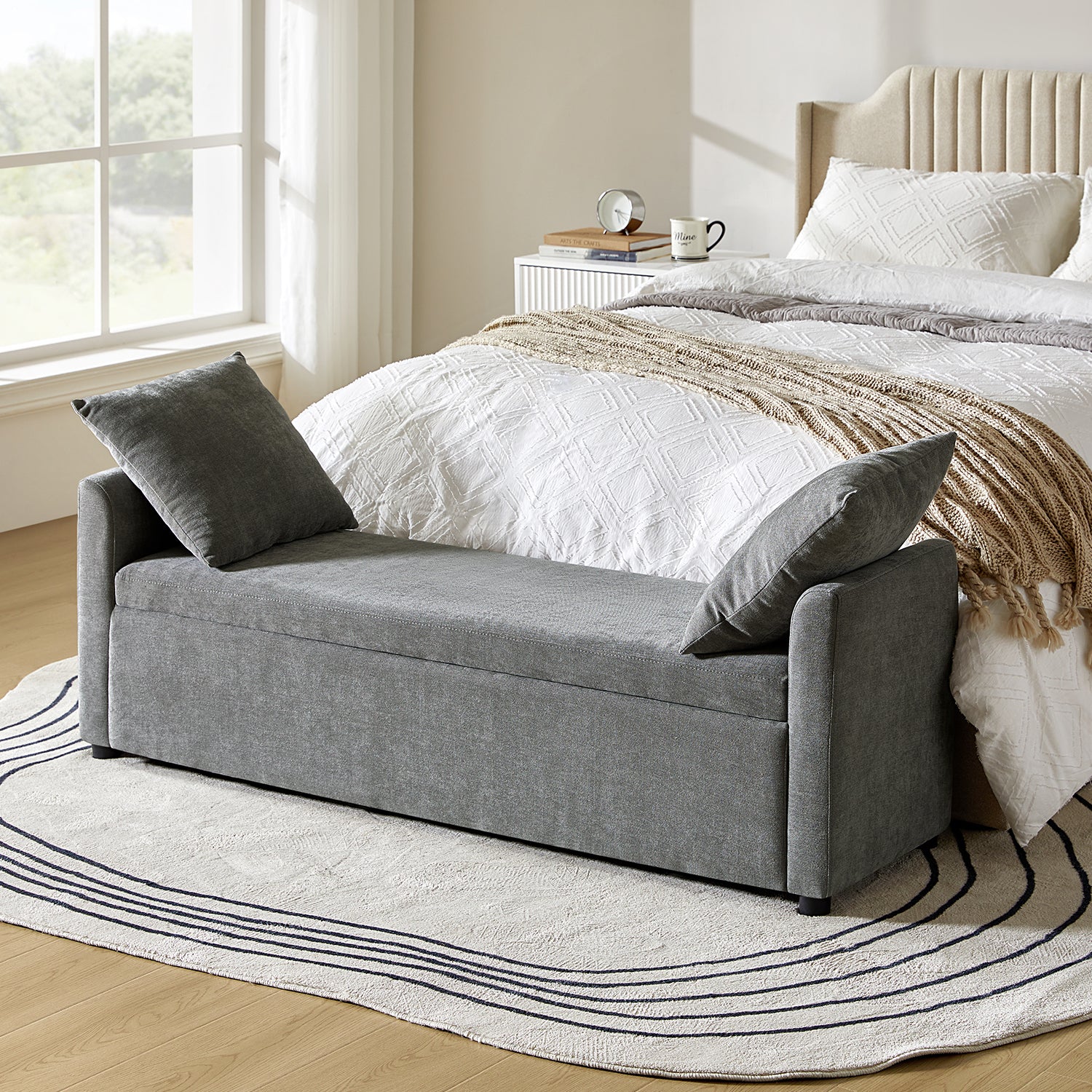 59" Storage Bench Upholstered Bed End Foot Stool 2 Throw Pillows Bedroom Entryway Living Room