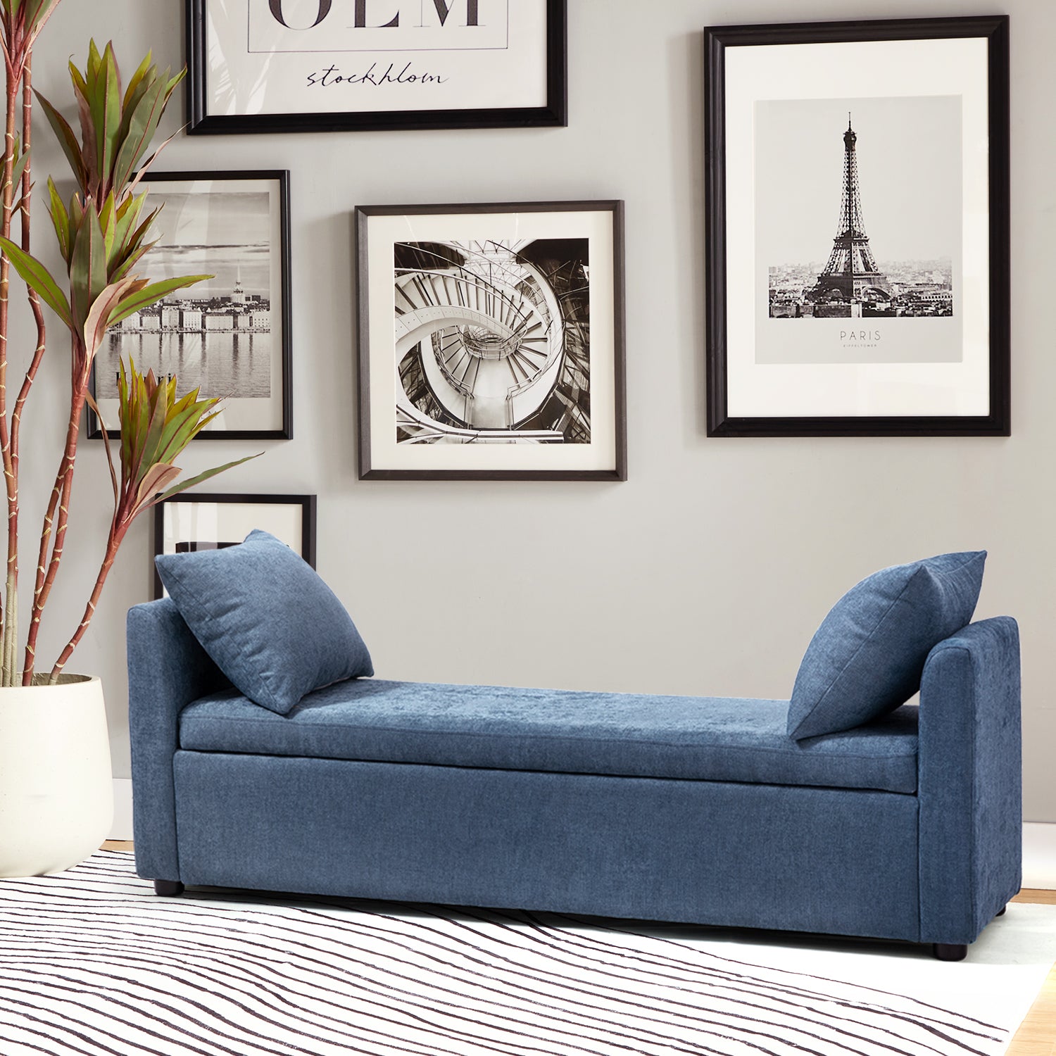 59" Storage Bench Upholstered Bed End Foot Stool 2 Throw Pillows Bedroom Entryway Living Room