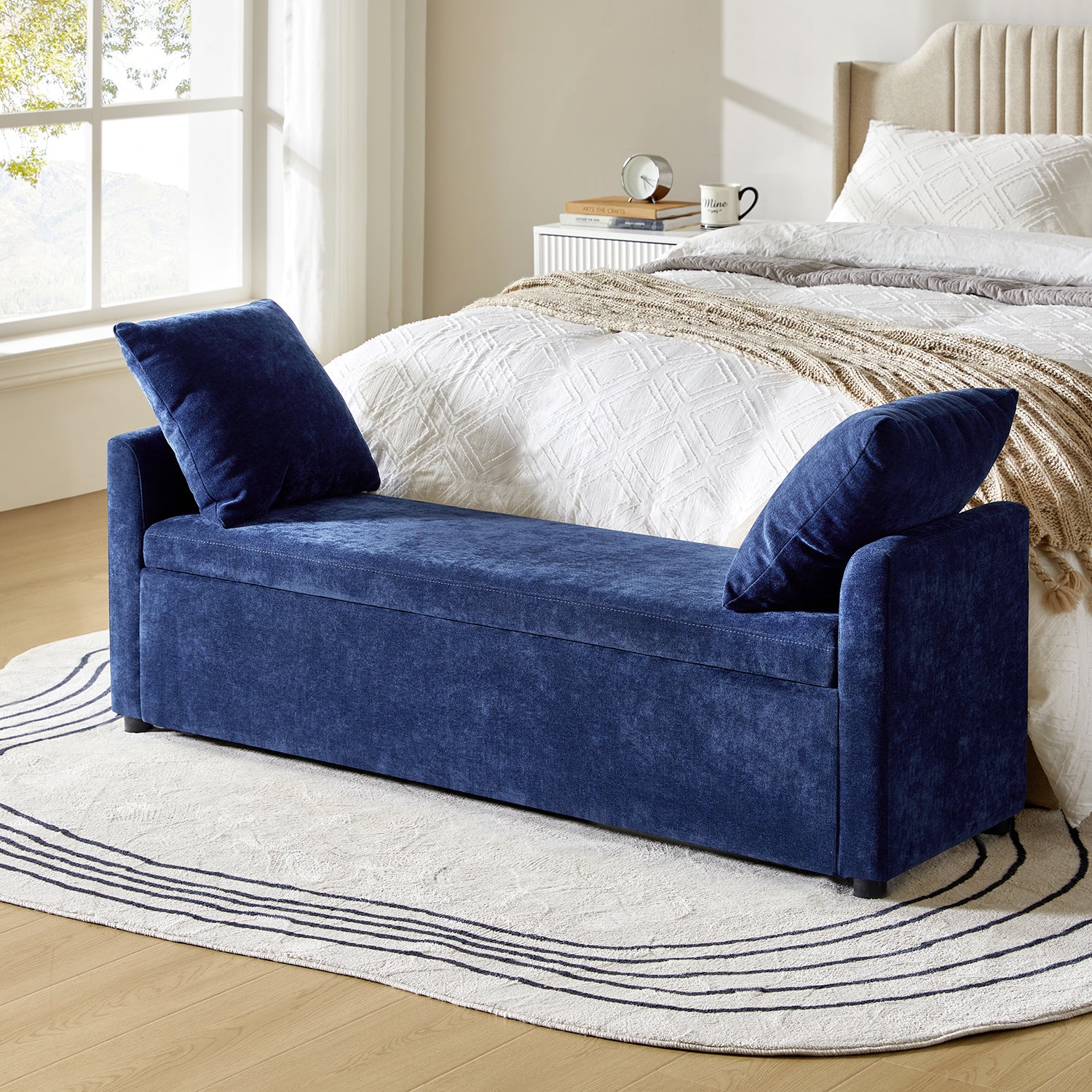 59" Storage Bench Upholstered Bed End Foot Stool 2 Throw Pillows Bedroom Entryway Living Room