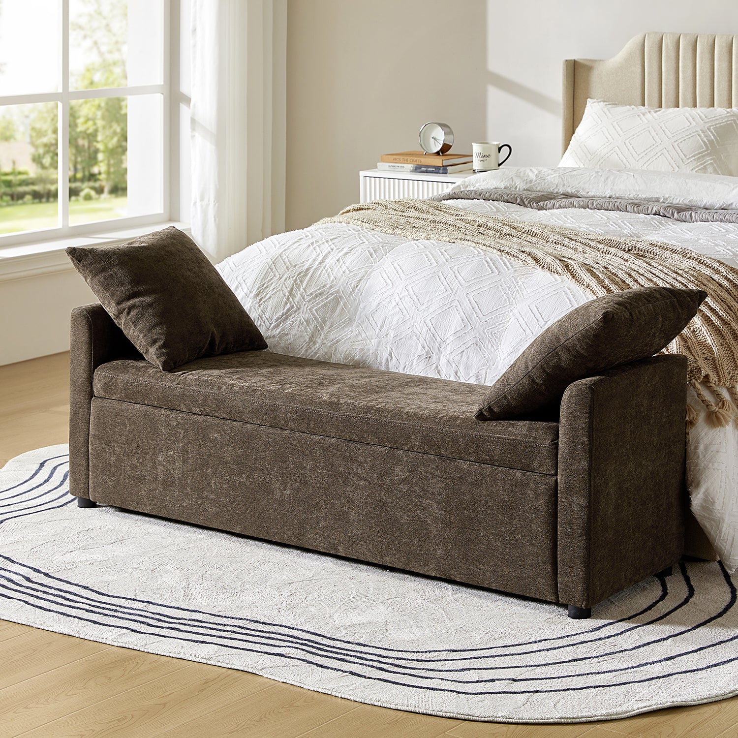 59" Storage Bench Upholstered Bed End Foot Stool 2 Throw Pillows Bedroom Entryway Living Room